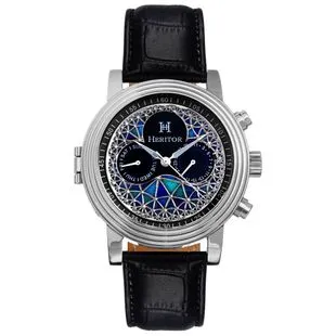 Heritor Mens Harding Semi Skeleton Leather Band Watch Silver Green