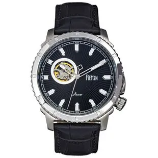 Reign Mens Lafleur Automatic Leather Band Watch Silver Black Sport