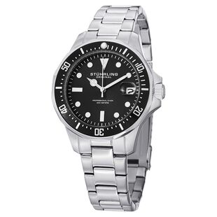 Stuhrling Mens Aquadiver Regatta Watch Black Dial Silver Strap S