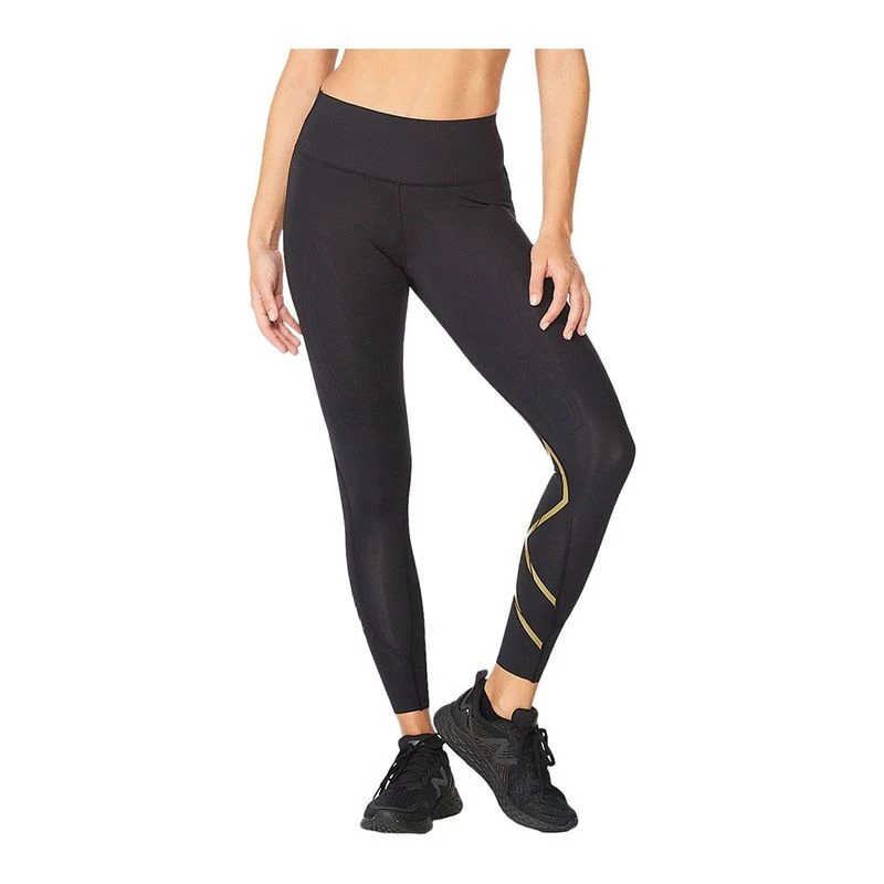 2XU Womens Force Mid Rise Compression Tights Black Gold Sportpursu