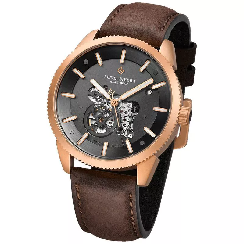Alpha Sierra Heartbeat Automatic Watch Brown Charcoal Gold Sportpu