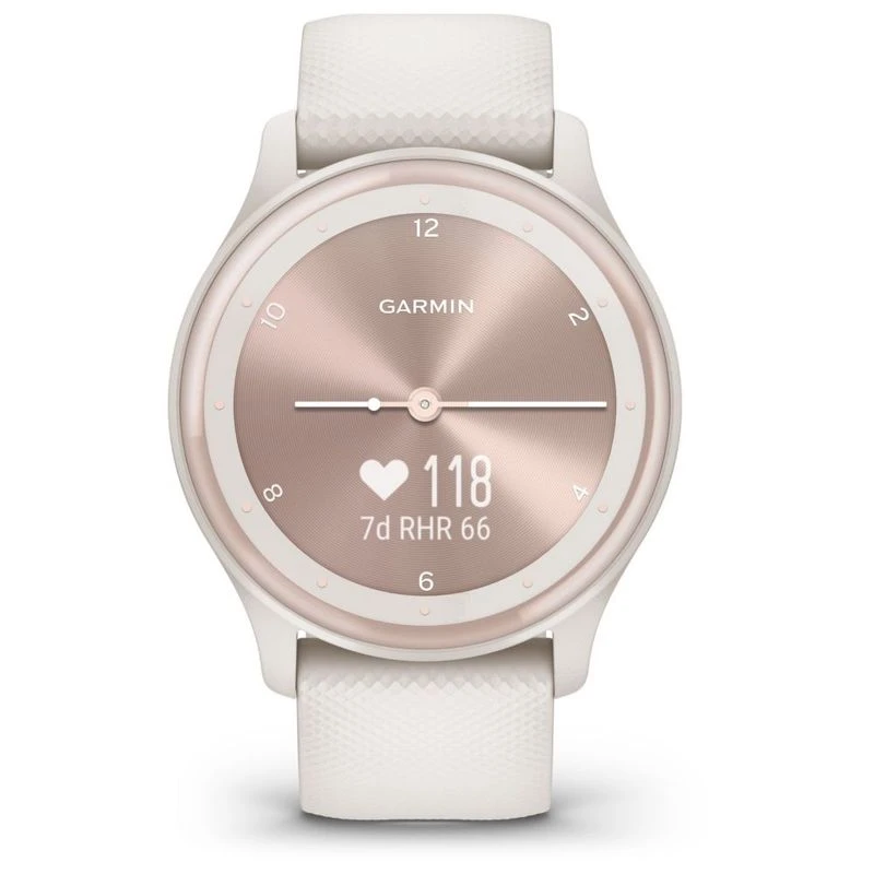 Garmin Vivomove Sport Watch Ivory Case Silicone Band Peach Gold Accen