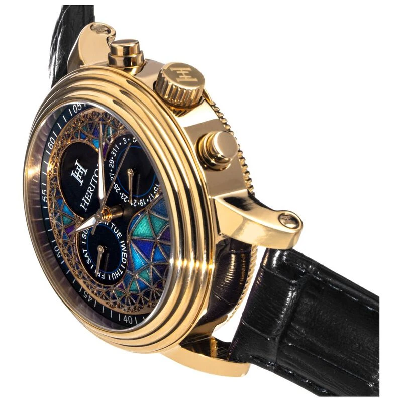Heritor Mens Legacy Leather Band Watch Gold Black Sportpursuit