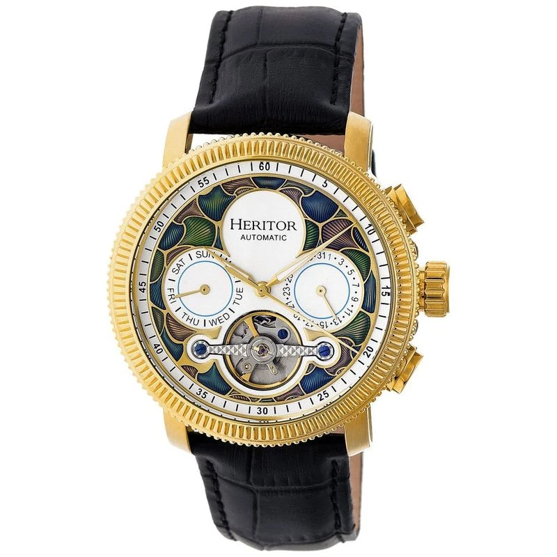 Heritor Mens Aura Semi Skeleton Leather Band Watch Gold White Spor