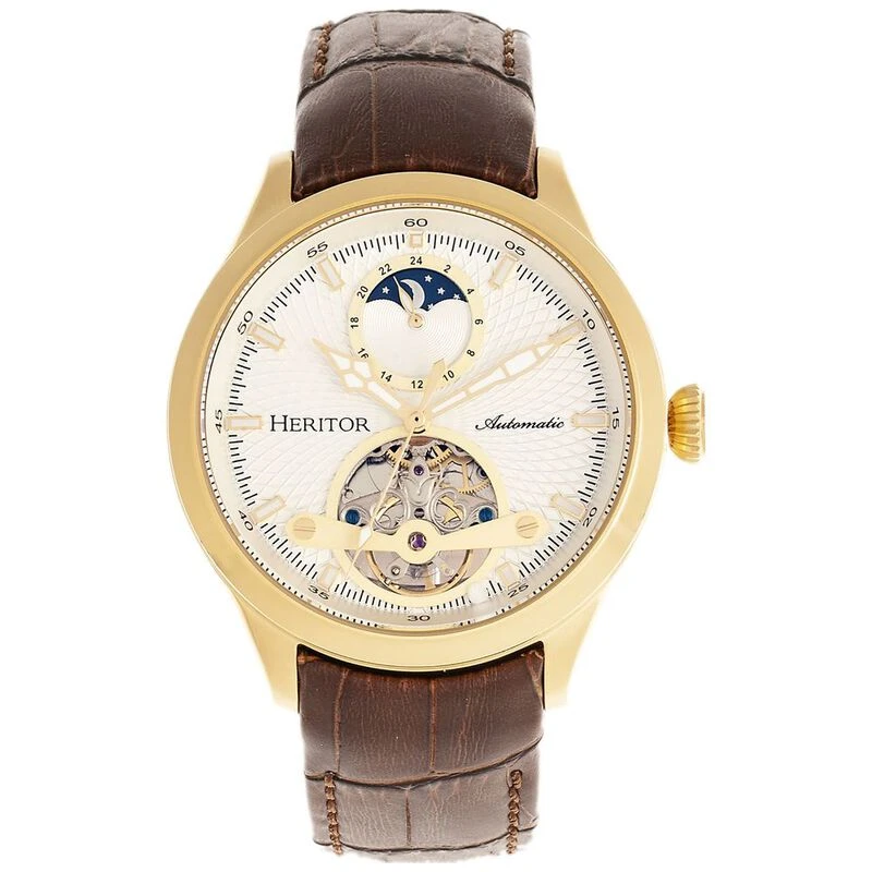 Heritor Mens Gregory Semi Skeleton Leather Band Watch Gold Brown S