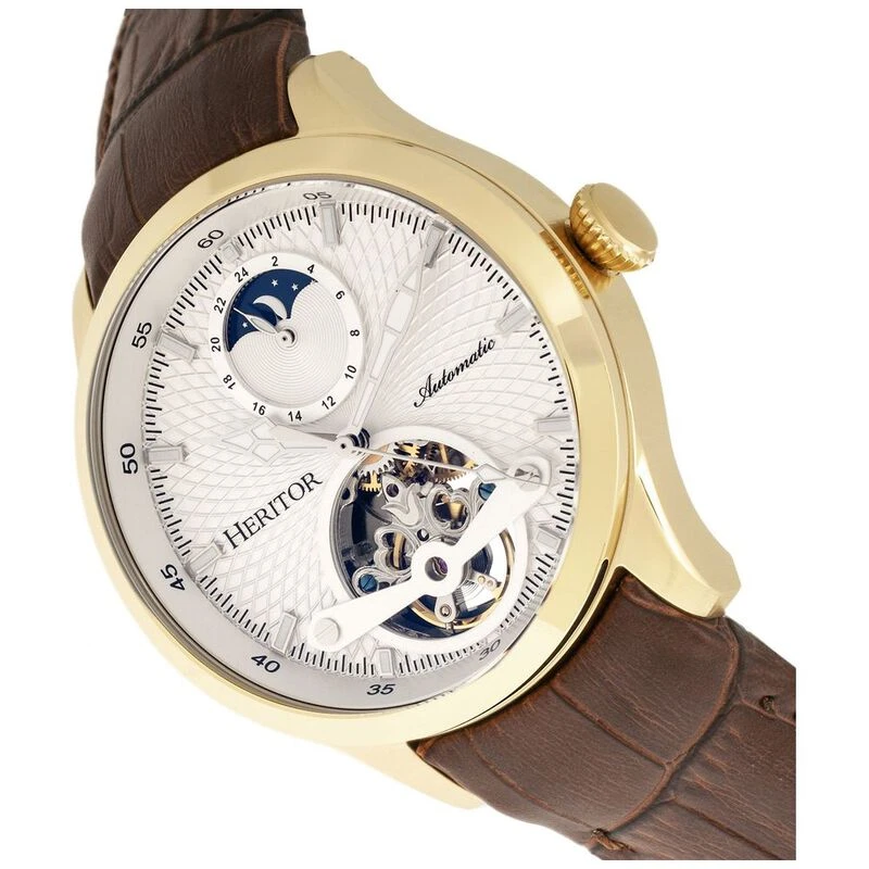 Heritor Mens Gregory Semi Skeleton Leather Band Watch Gold Brown S