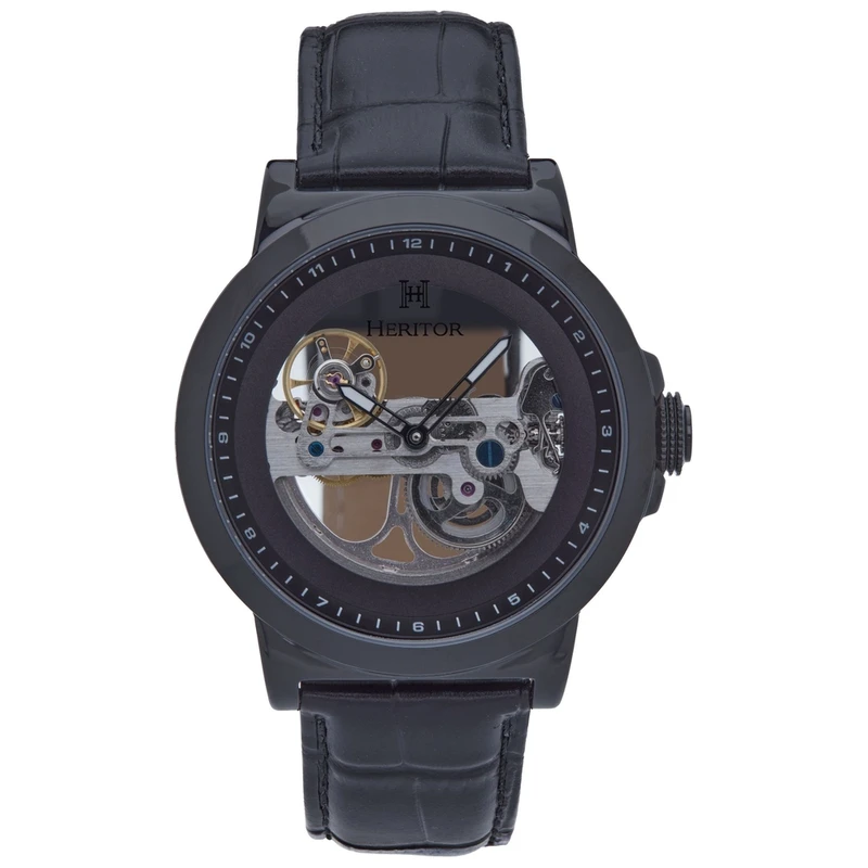 Heritor Mens Xander Semi Skeleton Leather Band Watch Black Sportpu