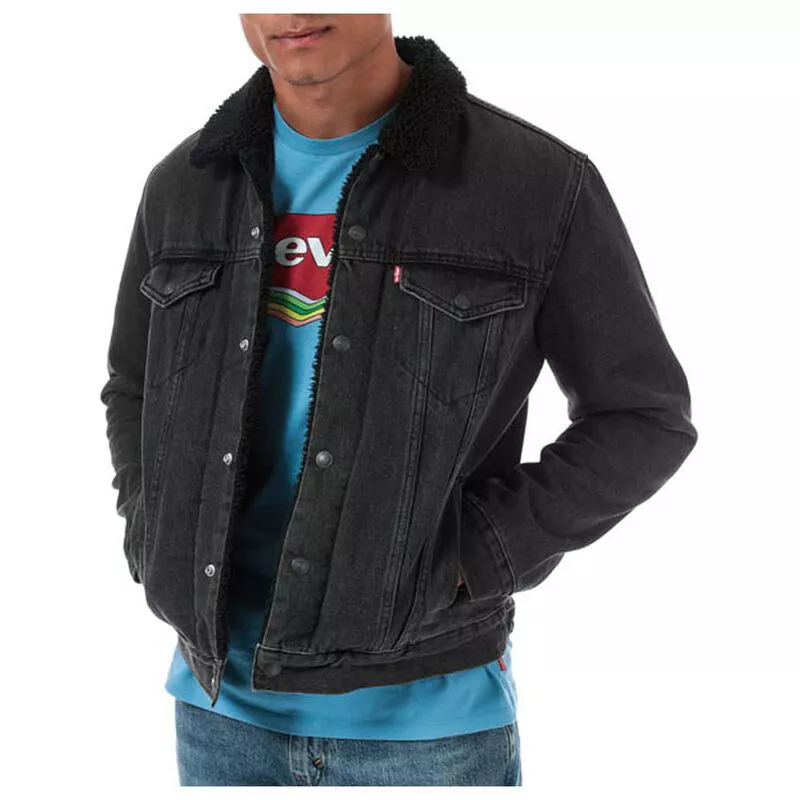 Levi s Mens Embossed Logo Sherpa Trucker Jacket Black