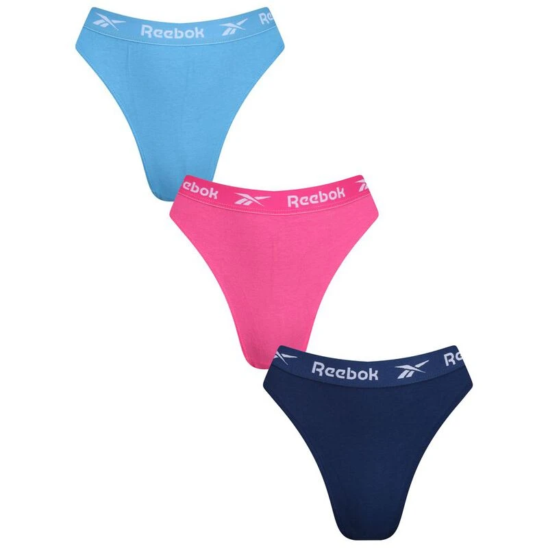 Reebok Womens Thong Briefs 3 Pack Batik Blue Atomic Pink Essential