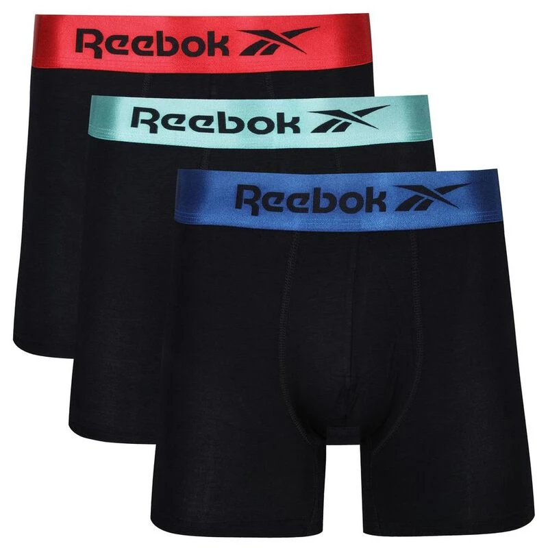 Reebok Mens Sport Boxers 3 Pack Black Vector Red Blue Classic Teal