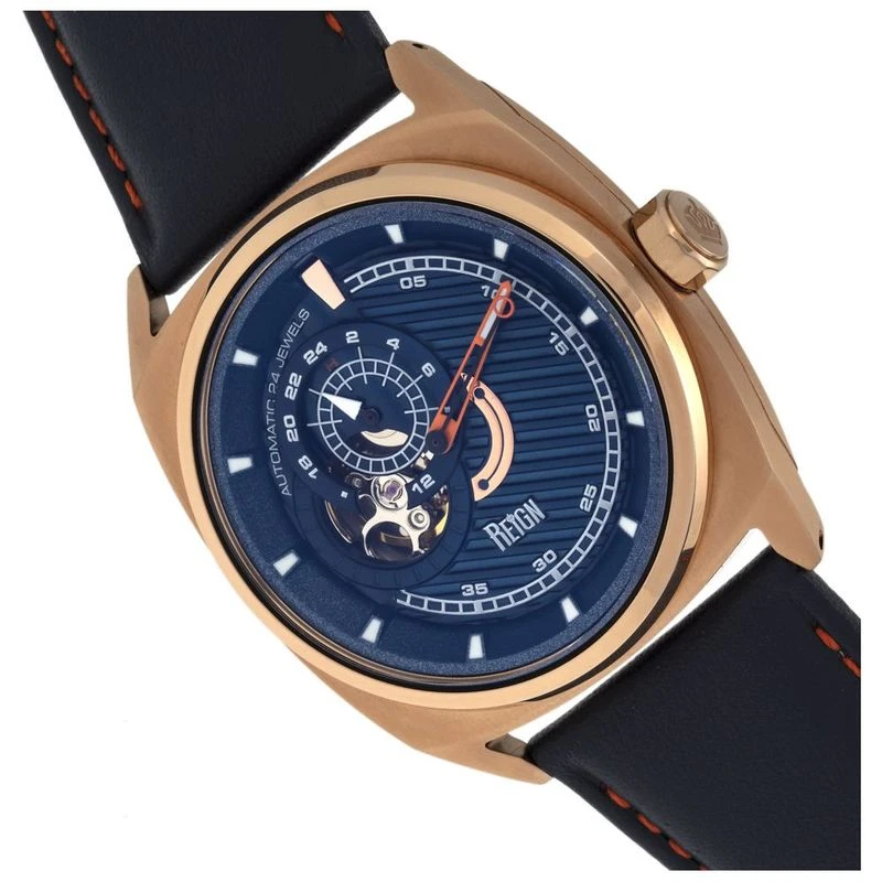 Reign Mens Astro Semi Skeleton Leather Band Watch Rose Gold Navy S