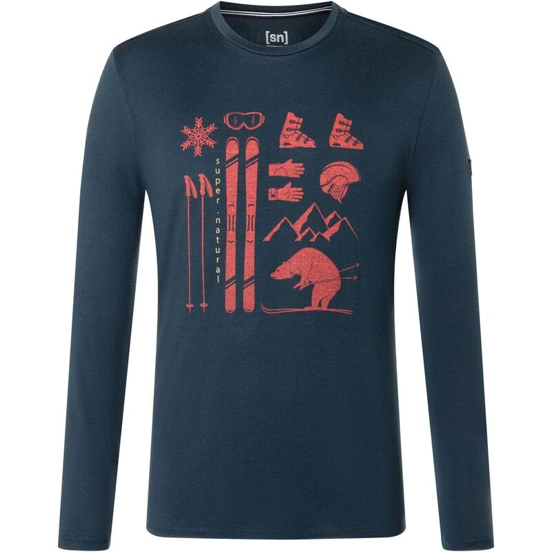 SuperNatural Mens Skiing Bear Long Sleeve T-Shirt (Blueberry/High Risk