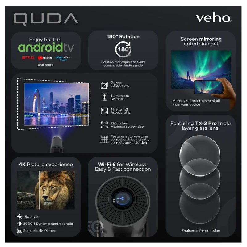 Veho Quda ROHM PJ-2 Smart Projector (Grey/Black) | Sportpursuit.com