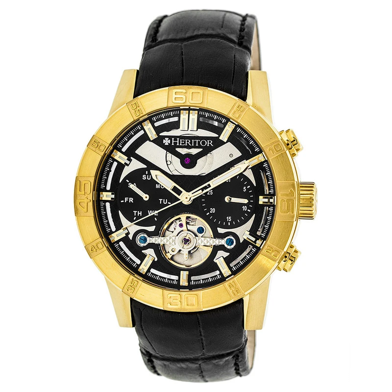 Heritor Reloj Hannibal Semi Skeleton Leather Band Hombres Amarillo