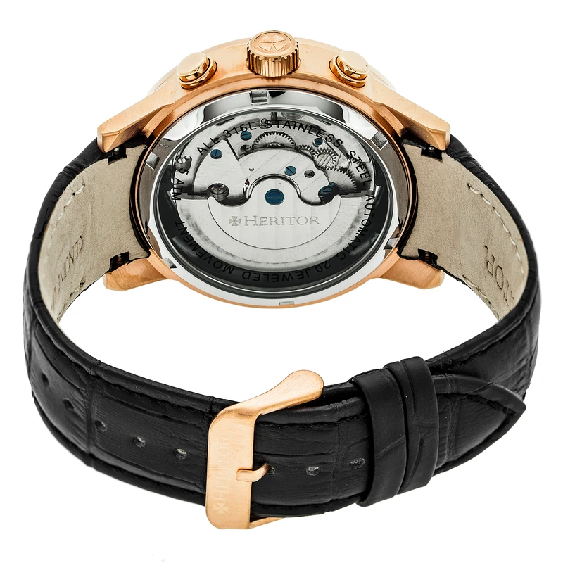 Hannibal Semi-Skeleton Leather-Band Watch with Day and Date - Silver |  Heritor Automatic | Wolf & Badger