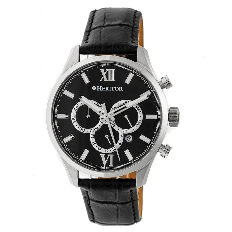 Heritor Mens Benedict Leather Band Watch Silver Black Sportpursuit