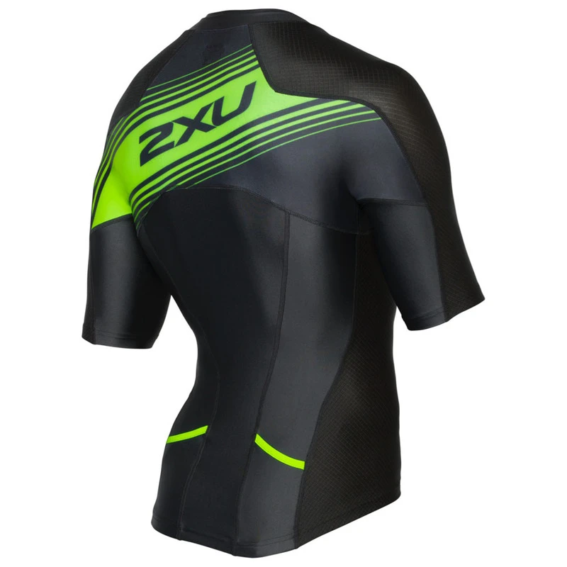 2XU Mens Compression Sleeved Tri Top Black Green Logo Graphic Spor