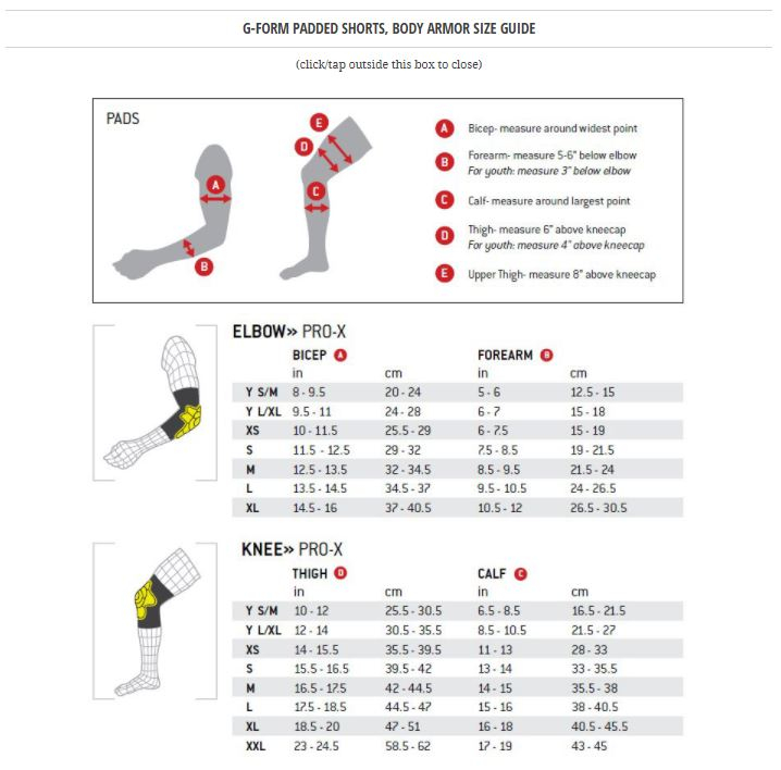 G Form Elbow Pads Sizing Chart