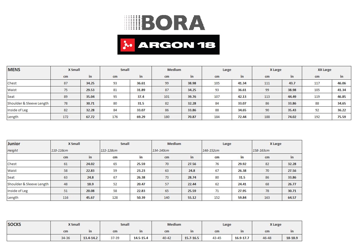 Argon 18 on sale size chart