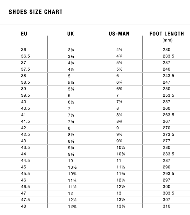 47 Size Chart Shoes