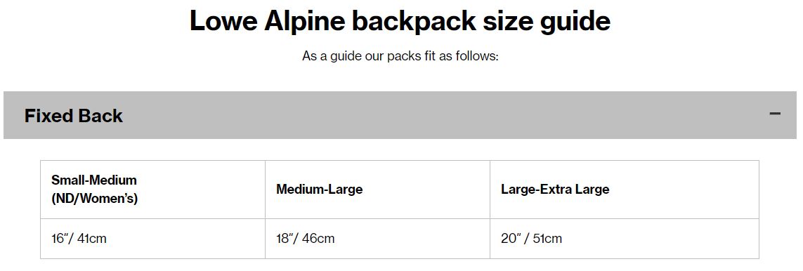 Lowe Alpine Size Chart