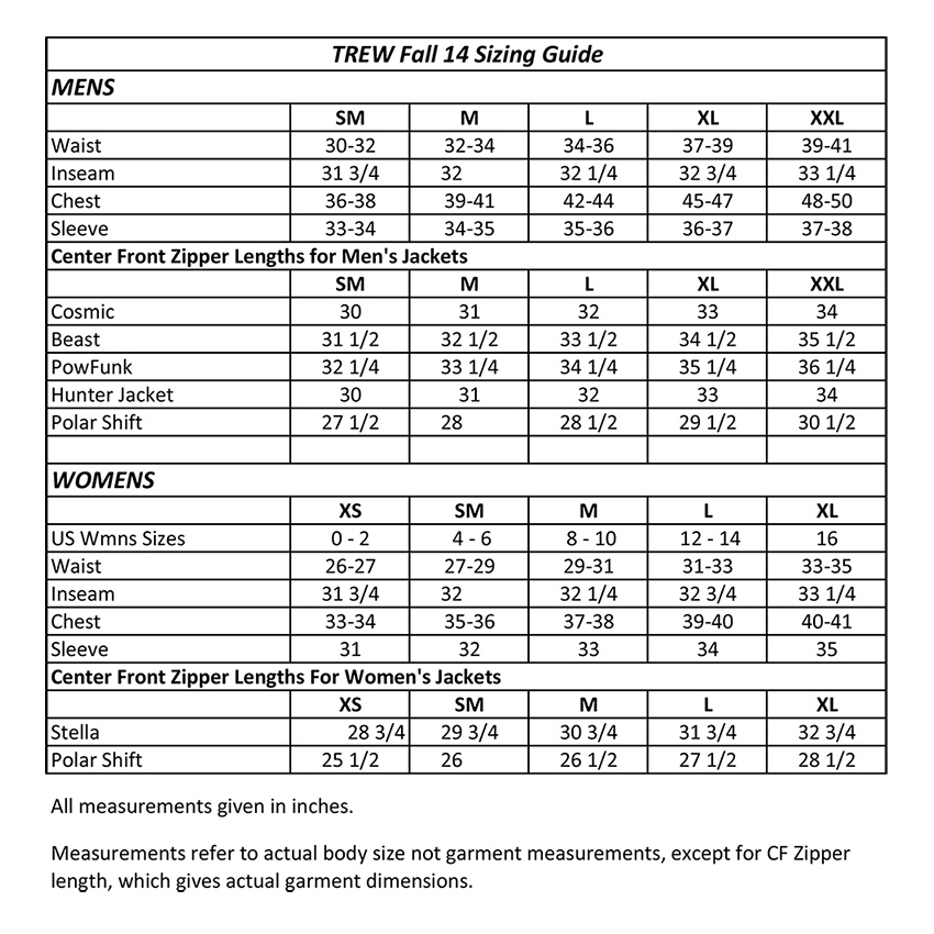 Trew Size Guide