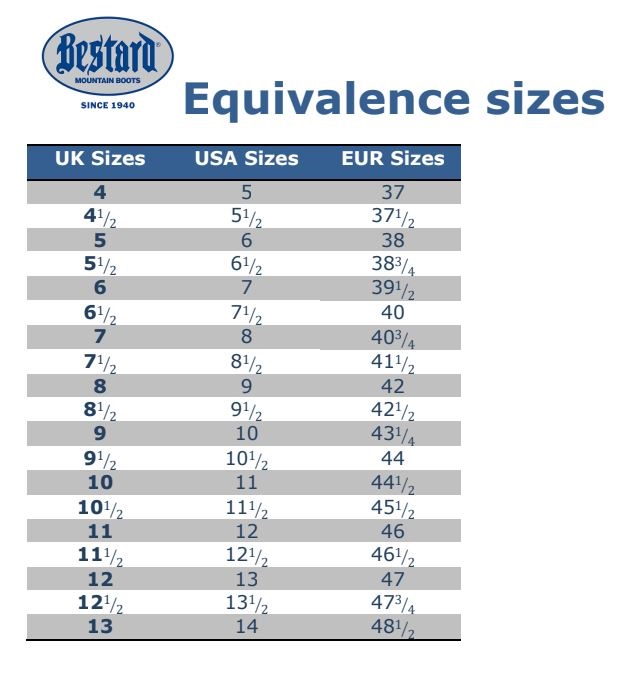 Bestard Size Guide