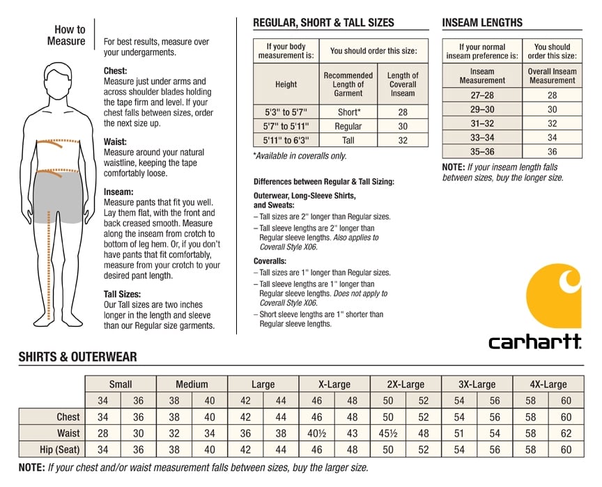 carhartt size chart t shirt