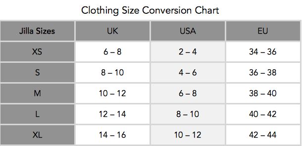 JIlla Active Size Guide