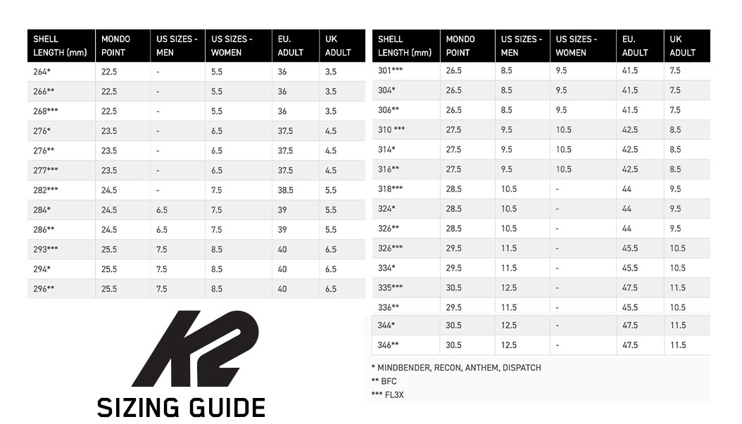 K2 Skis Size Guide