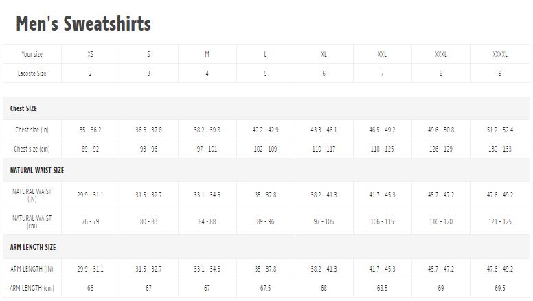 Lacoste Size Guide