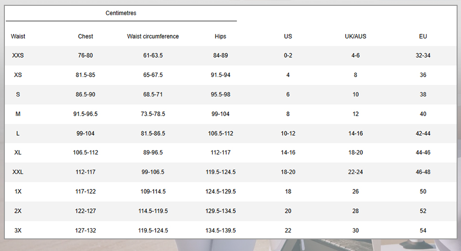 FABLETICS Size Guide PSS FABLETICS GENEREALE EN 