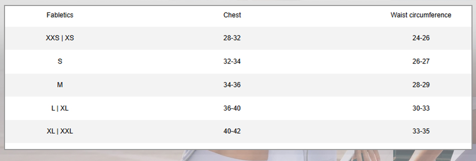 FABLETICS Size guide