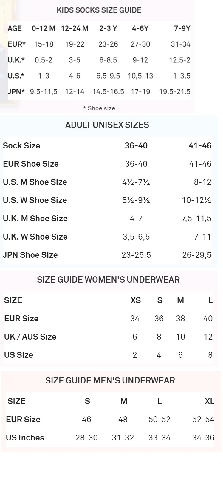 Happy Socks Size Guide