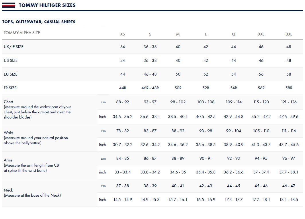 Tommy Hilfiger Size Guide