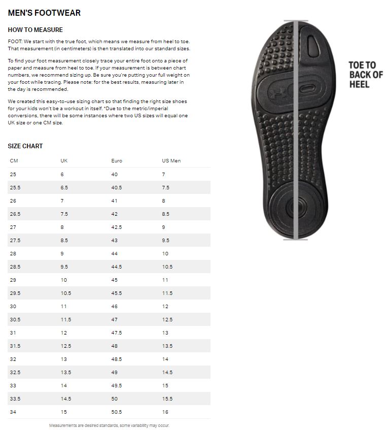 Under Armour® Footwear Size Charts