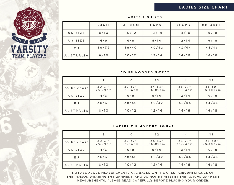 Varsity Team Players Size Guide