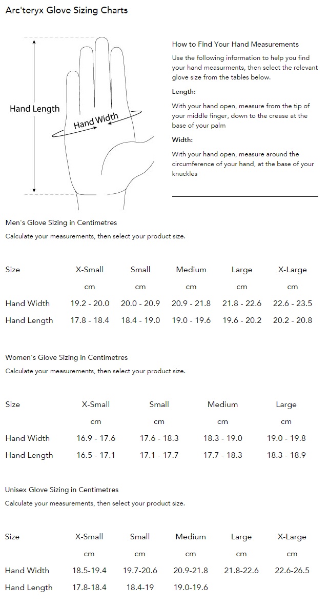 Arcteryx Gloves Size Chart