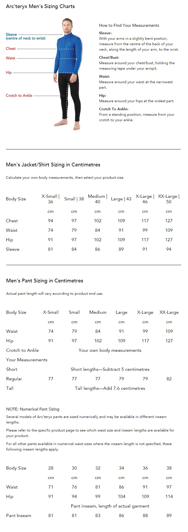 Arcteryx Size Guide