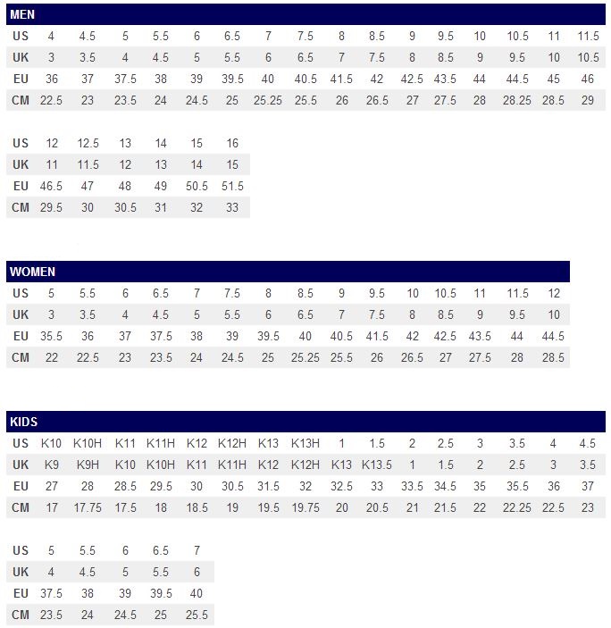 asics shoe sizes