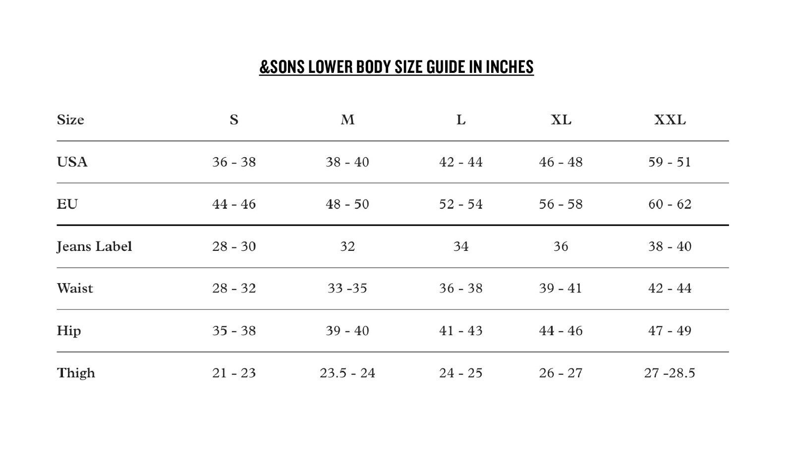 &Sons Size Guide