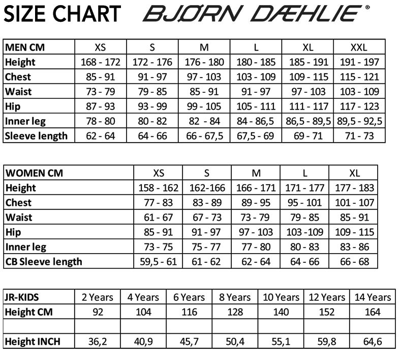 Bjorn Daehlie Size Guide