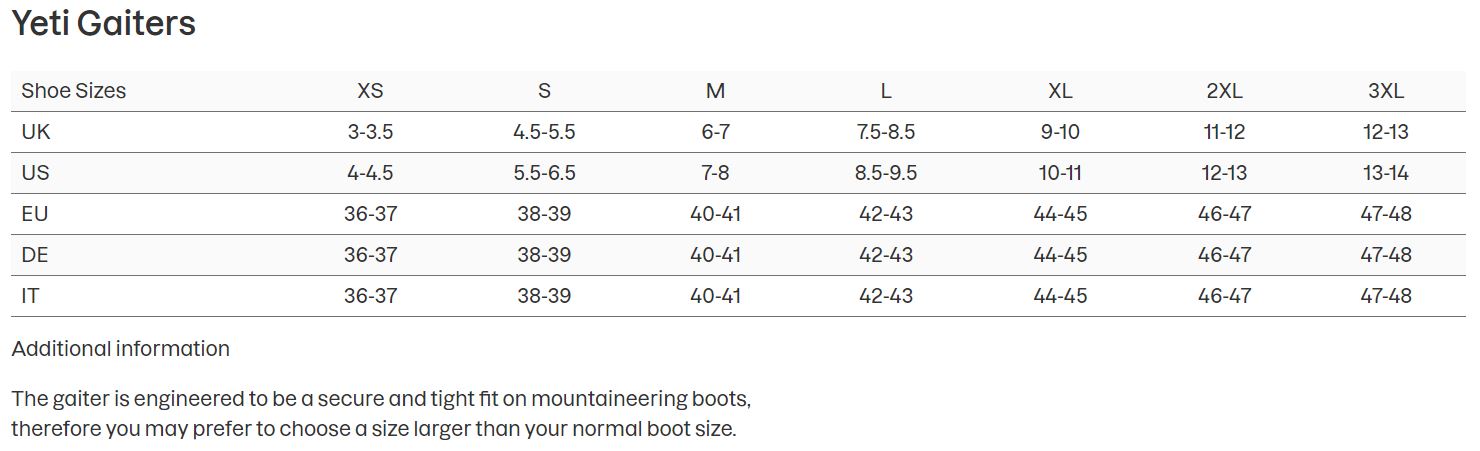 Berghaus yeti gaiters size guide on sale