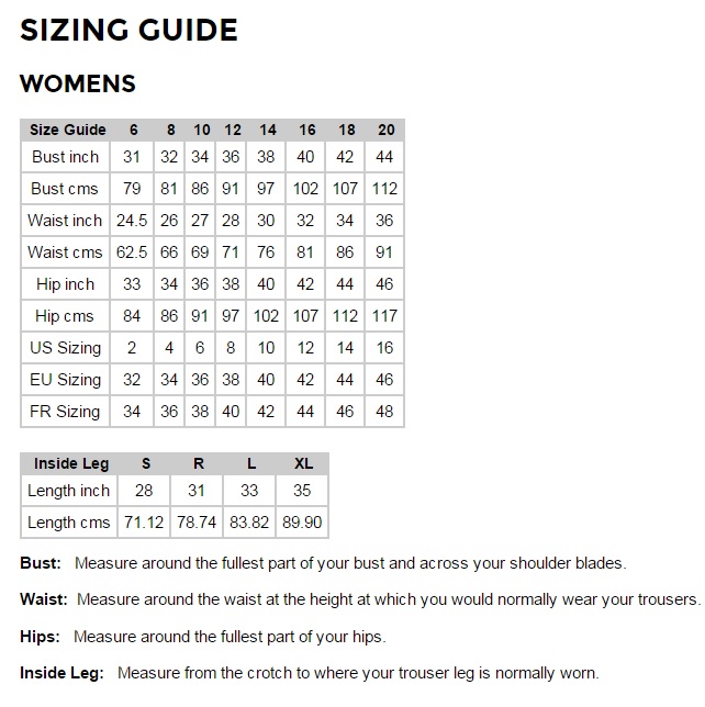 Womens Pant Size Chart