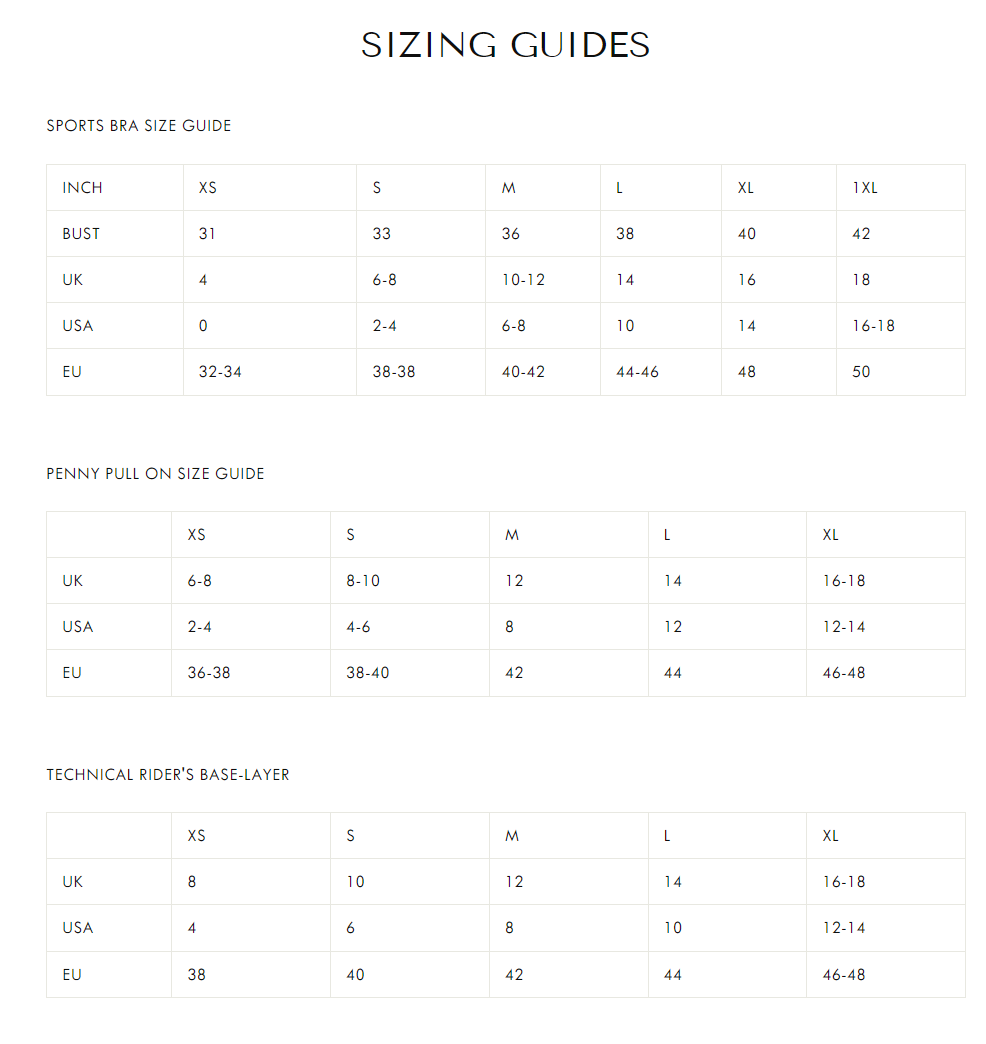 DVR Equestrian Size Guide