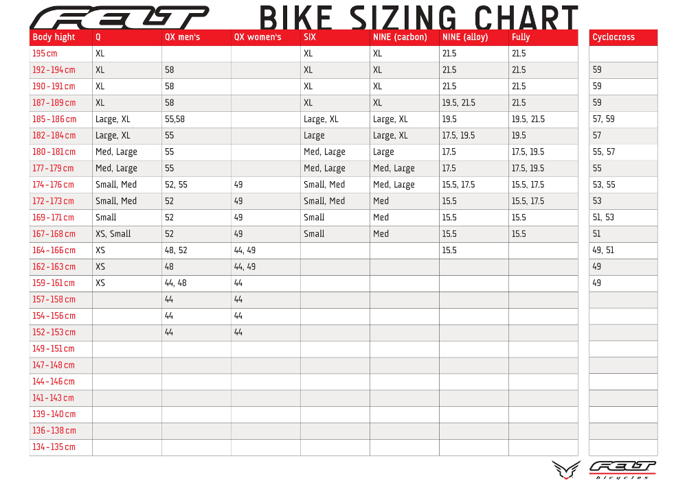 Felt Bike Size Chart