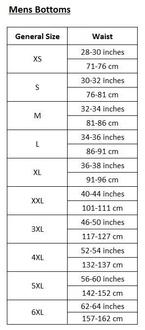 Men S Bottoms Size Chart