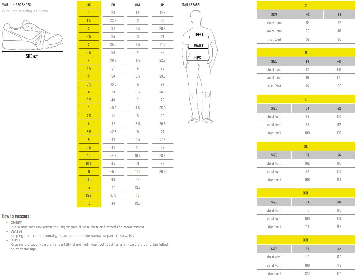 diadora men's shoes size chart