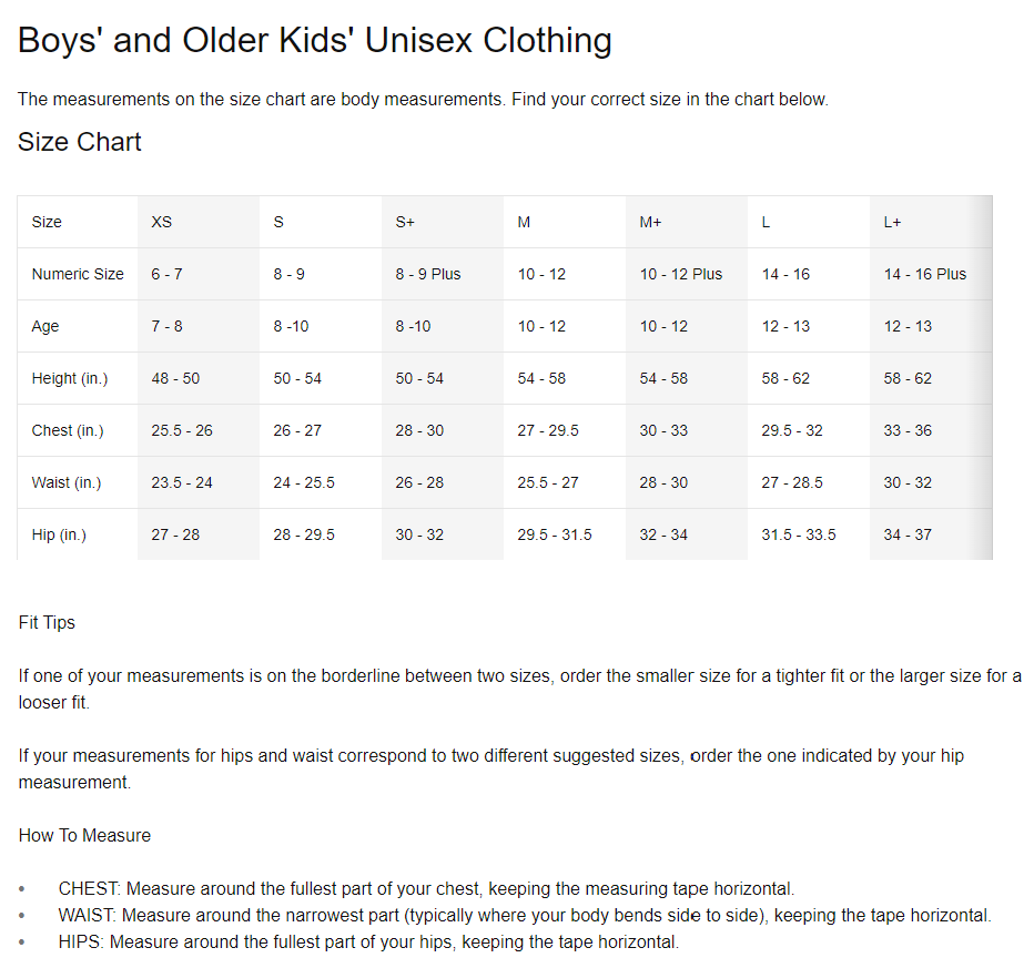 Nike Men's Clothing Size Chart