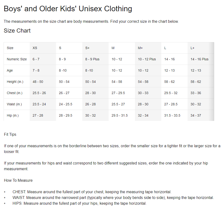 Nike boys 2025 shirt size chart